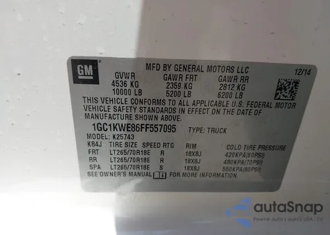 2015 Chevrolet Silverado 2500Hd Ltz z USA, uszkodzony, nr VIN 1GC1KWE86FF557095